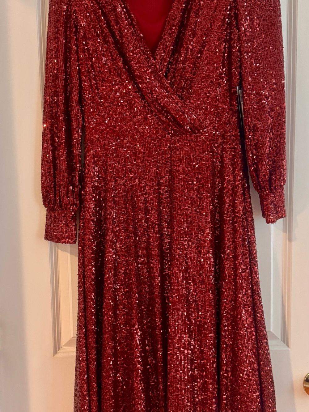 Women's Tahari Red Sequin Long-Sleeve Wrap Dress